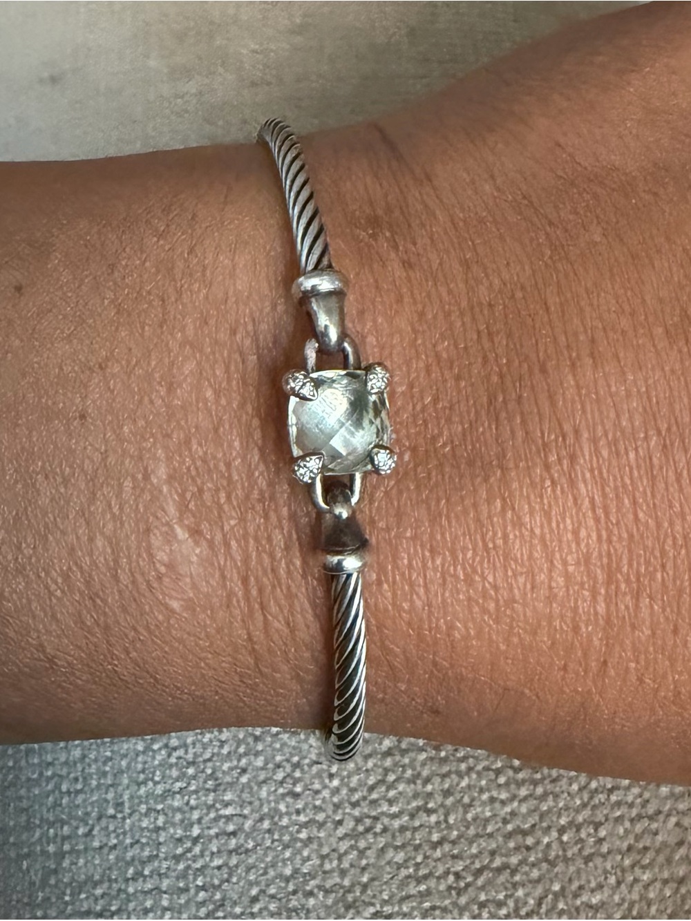 David Yurman Sterling Silver Twisted Cable Bracelet with Prasiolite Stone Accent